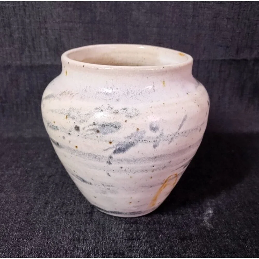Vintage Signed Studio Pottery Ceramic Speckle Glaze Blue Stripe Vase Planter Pot